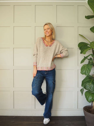 Lopez V-Neck Jumper with Multi Stitching - Dark Grey and Denim Blue