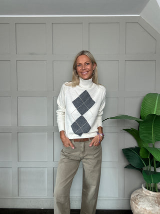 Elgin Cashmere Blend Turtle Neck  Jumper by Luella - Off White/Grey/Camel