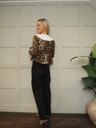 Frances Peplum Blouse with Tie Front Detail by Soaked - Black/Camel Leopard Print