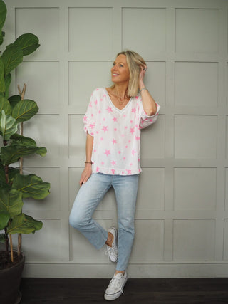 Neon Star V-Neck Blouse - Off White