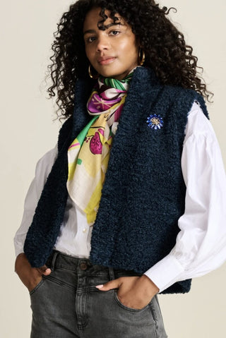 Teddy Super Soft Gilet, with Contrasting Heart Patterned Lining &amp; Detachable Brooch, by Pom Amsterdam - Black, Ecru, Navy Blue and Vintage Brown