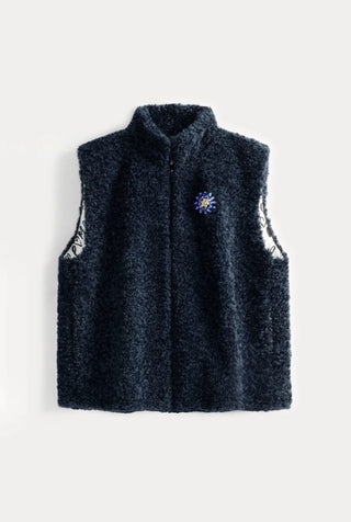 Teddy Super Soft Gilet, with Contrasting Heart Patterned Lining &amp; Detachable Brooch, by Pom Amsterdam - Black, Ecru, Navy Blue and Vintage Brown