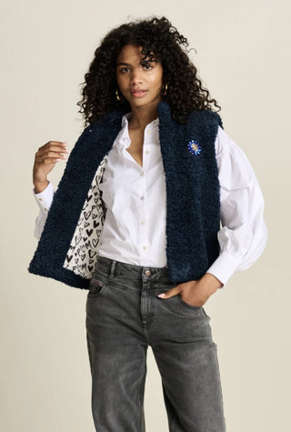 Teddy Super Soft Gilet, with Contrasting Heart Patterned Lining &amp; Detachable Brooch, by Pom Amsterdam - Black, Ecru, Navy Blue and Vintage Brown