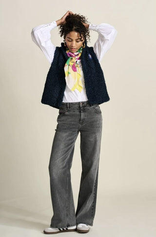 Teddy Super Soft Gilet, with Contrasting Heart Patterned Lining &amp; Detachable Brooch, by Pom Amsterdam - Black, Ecru, Navy Blue and Vintage Brown