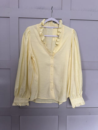Elcot LONG Sleeve Blouse with V Neckline and Frill Detail - Baby Blue, Burgundy, Off White, Yellow