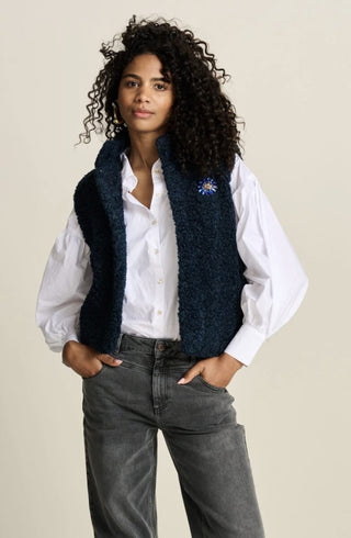 Teddy Super Soft Gilet, with Contrasting Heart Patterned Lining &amp; Detachable Brooch, by Pom Amsterdam - Black, Ecru, Navy Blue and Vintage Brown