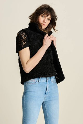 Teddy Super Soft Gilet, with Contrasting Heart Patterned Lining &amp; Detachable Brooch, by Pom Amsterdam - Black, Ecru, Navy Blue and Vintage Brown