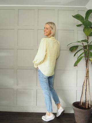 Elcot LONG Sleeve Blouse with V Neckline and Frill Detail - Baby Blue, Burgundy, Off White, Yellow