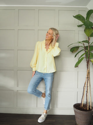 Elcot LONG Sleeve Blouse with V Neckline and Frill Detail - Baby Blue, Burgundy, Off White, Yellow