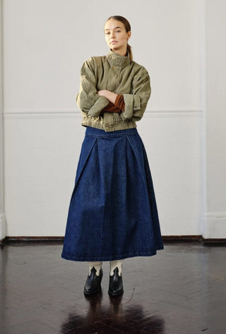 Maddie Midi High Waisted, Deep Pleated Denim Skirt by Seventy Mochi - Dark Americana, Washed Black