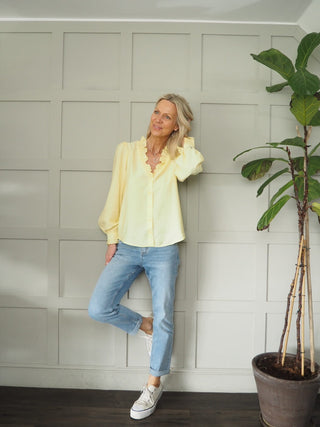 Elcot LONG Sleeve Blouse with V Neckline and Frill Detail - Baby Blue, Burgundy, Off White, Yellow