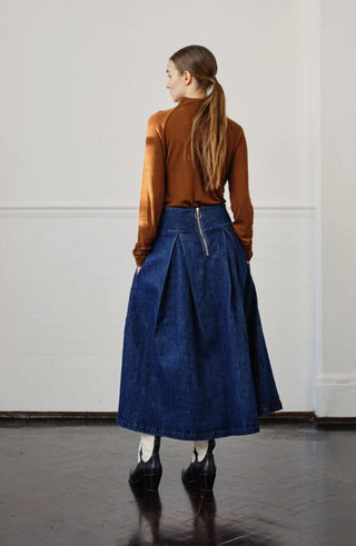 Maddie Midi High Waisted, Deep Pleated Denim Skirt by Seventy Mochi - Dark Americana, Washed Black