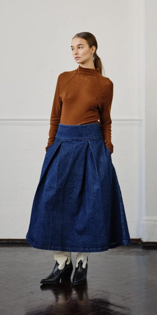 Maddie Midi High Waisted, Deep Pleated Denim Skirt by Seventy Mochi - Dark Americana, Washed Black