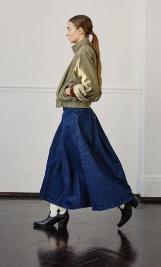 Maddie Midi High Waisted, Deep Pleated Denim Skirt by Seventy Mochi - Dark Americana, Washed Black