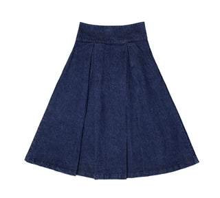 Maddie Midi High Waisted, Deep Pleated Denim Skirt by Seventy Mochi - Dark Americana, Washed Black