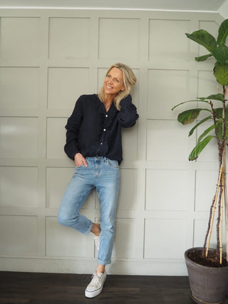 Peasmarsh Linen Blouse with Ruffle - Baby Blue, Coral, Cornflower Blue, Navy Blue, Pale Pink, Red, White