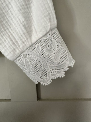 Polly Cheesecloth Blouse with Lace Detail on Collar &amp; Cuffs - Off White