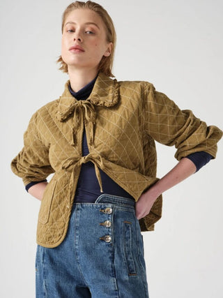 Heidi Short Quilted Denim Jacket, Frill Collar, Tie Fastening by Seventy Mochi - Black, Indigo Rinse, Olive and Rodeo Vintage