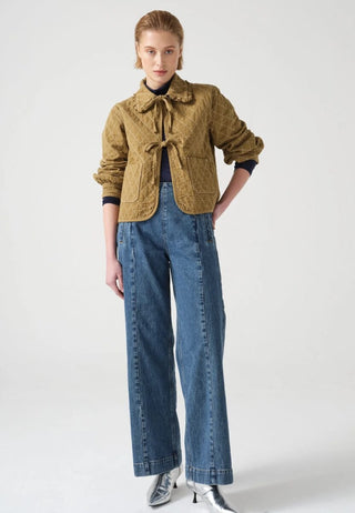 Heidi Short Quilted Denim Jacket, Frill Collar, Tie Fastening by Seventy Mochi - Black, Indigo Rinse, Olive and Rodeo Vintage