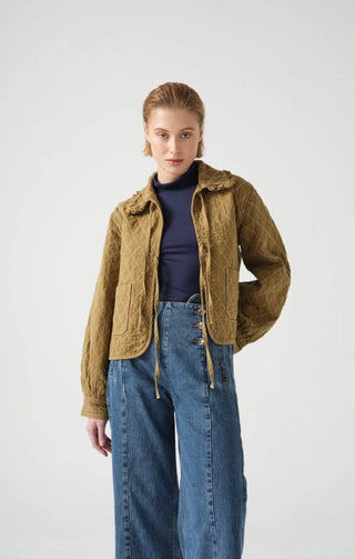 Heidi Short Quilted Denim Jacket, Frill Collar, Tie Fastening by Seventy Mochi - Black, Indigo Rinse, Olive and Rodeo Vintage