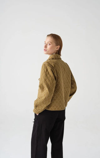 Heidi Short Quilted Denim Jacket, Frill Collar, Tie Fastening by Seventy Mochi - Black, Indigo Rinse, Olive and Rodeo Vintage