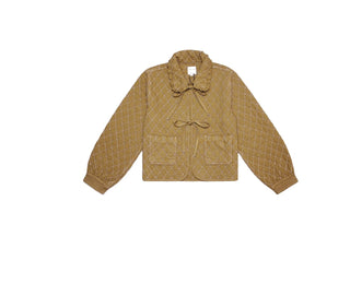 Heidi Short Quilted Denim Jacket, Frill Collar, Tie Fastening by Seventy Mochi - Black, Indigo Rinse, Olive and Rodeo Vintage