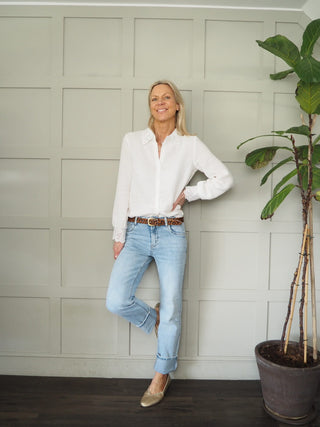 Polly Cheesecloth Blouse with Lace Detail on Collar &amp; Cuffs - Off White