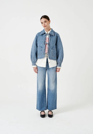 Heidi Short Quilted Denim Jacket, Frill Collar, Tie Fastening by Seventy Mochi - Black, Indigo Rinse, Olive and Rodeo Vintage