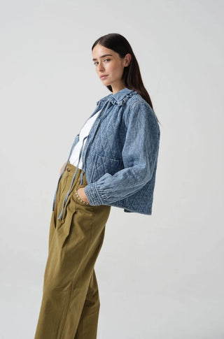 Heidi Short Quilted Denim Jacket, Frill Collar, Tie Fastening by Seventy Mochi - Black, Indigo Rinse, Olive and Rodeo Vintage