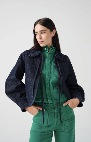 Heidi Short Quilted Denim Jacket, Frill Collar, Tie Fastening by Seventy Mochi - Black, Indigo Rinse, Olive and Rodeo Vintage