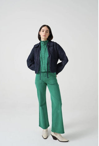 Heidi Short Quilted Denim Jacket, Frill Collar, Tie Fastening by Seventy Mochi - Black, Indigo Rinse, Olive and Rodeo Vintage