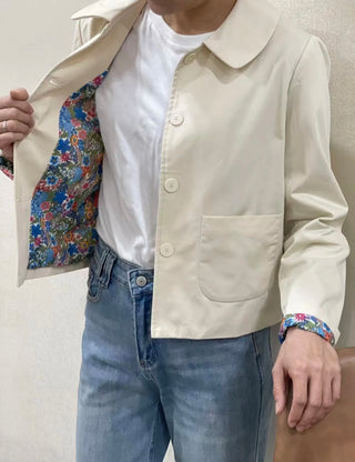 Norton Jacket with Floral Lining Collar - Ecru, Navy