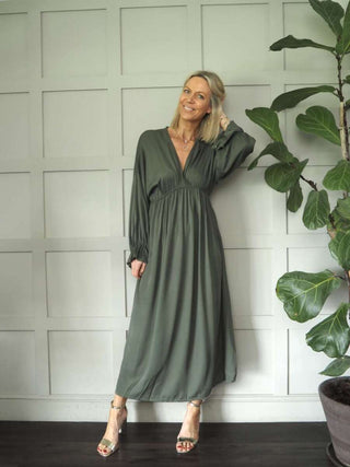 Jaki Maxi V-Neck Dress with Wide Sleeves and Frill Cuffs - Black, Khaki