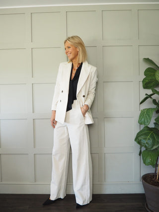 Softly Double-Breasted Corduroy Blazer with Faux Pockets by Emme - Black and Ecru