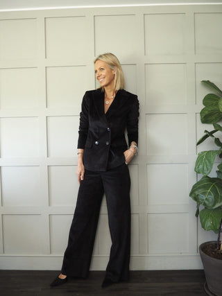 Softly Double-Breasted Corduroy Blazer with Faux Pockets by Emme - Black and Ecru
