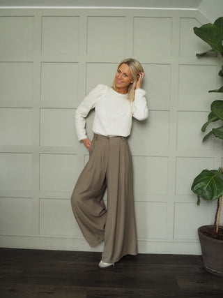 Stacie Long Sleeve, Round Neck Blouse - Ecru