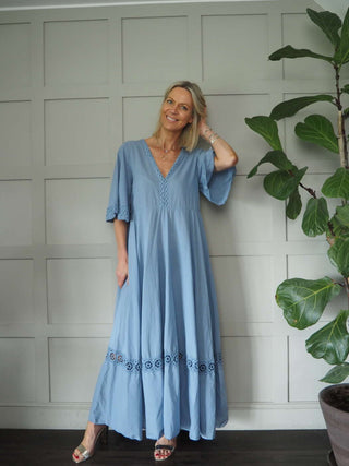 Mallory Cotton, Long Length Dress with Crochet Detail - Black, Sky Blue