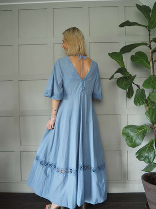 Mallory Cotton, Long Length Dress with Crochet Detail - Black, Sky Blue