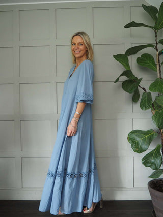 Mallory Cotton, Long Length Dress with Crochet Detail - Black, Sky Blue