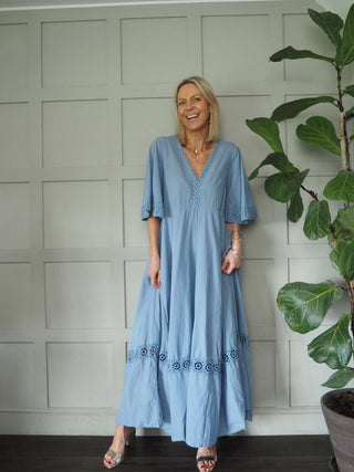 Mallory Cotton, Long Length Dress with Crochet Detail - Black, Sky Blue