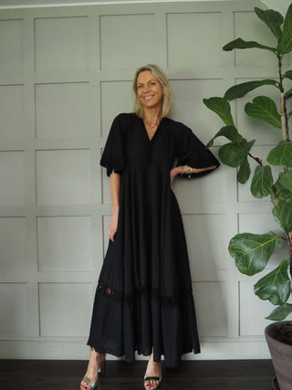 Mallory Cotton, Long Length Dress with Crochet Detail - Black, Sky Blue