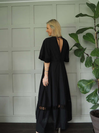 Mallory Cotton, Long Length Dress with Crochet Detail - Black, Sky Blue