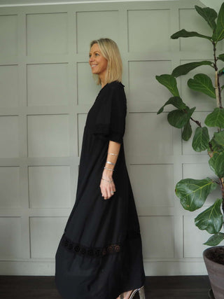 Mallory Cotton, Long Length Dress with Crochet Detail - Black, Sky Blue