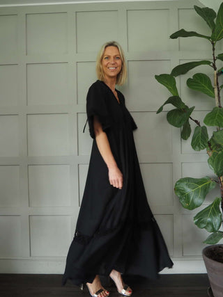 Mallory Cotton, Long Length Dress with Crochet Detail - Black, Sky Blue