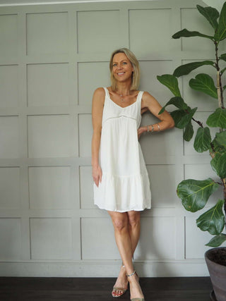 Sheena Lined, Knee Length Sun Dress with Tiered Skirt - Green, Navy Blue, Off White