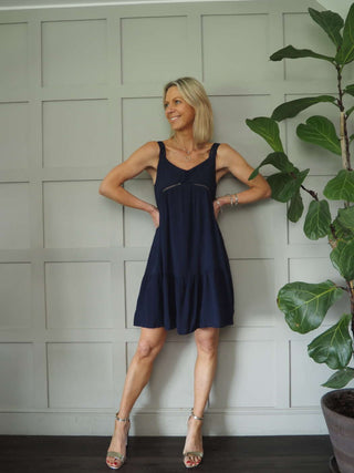 Sheena Lined, Knee Length Sun Dress with Tiered Skirt - Green, Navy Blue, Off White