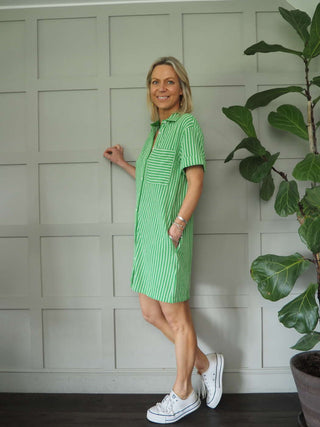 Odile Shirt Dress by Frnch - Green with White Stripes