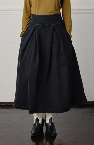 Maddie Midi High Waisted, Deep Pleated Denim Skirt by Seventy Mochi - Dark Americana, Washed Black