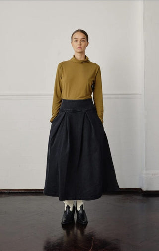 Maddie Midi High Waisted, Deep Pleated Denim Skirt by Seventy Mochi - Dark Americana, Washed Black