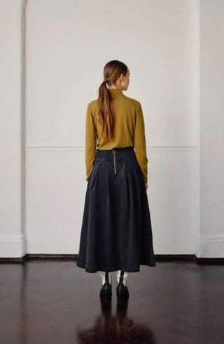 Maddie Midi High Waisted, Deep Pleated Denim Skirt by Seventy Mochi - Dark Americana, Washed Black